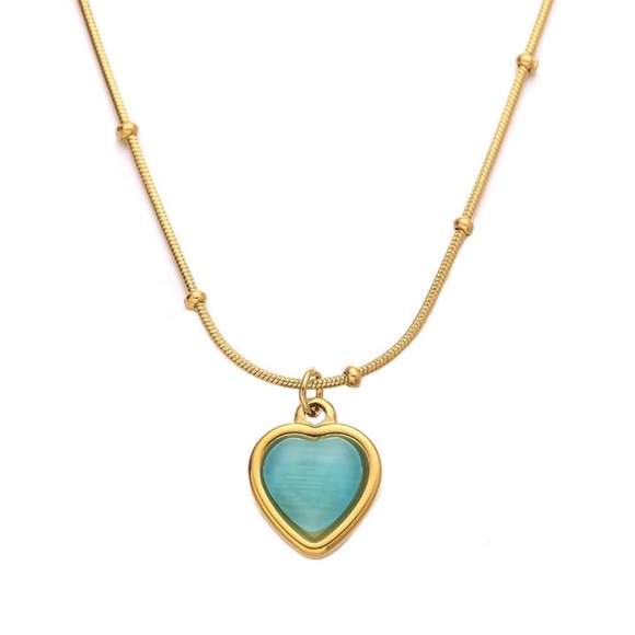 Anointed Beauty Boutique Jewelry - Minimalist Heart Shape Stainless Steel Opal 18K Gold P/ Inlay Pendant Necklace